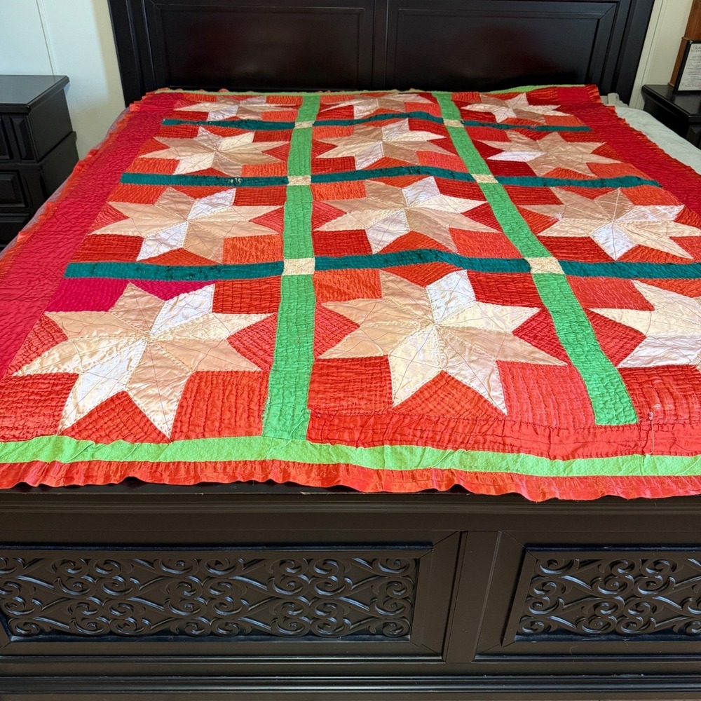 VTG Handmade Satin Patchwork Quilt Red Geometric Star 83x68 for REPAIR/REPURPOSE